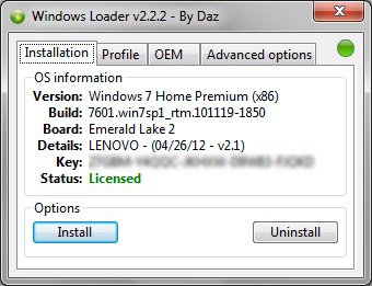 Windows Loader вкладка Installation