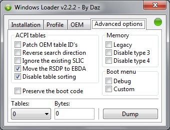 Windows Loader вкладка Advanced Options